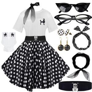 8964 10pcs Sock Hop Outfits Costume Women, 1950s Polka Dot